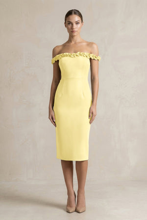 Off - the - Shoulder Sheath Ruffled Midi Bridesmaid Dress in Buttercup - KissProm Bridesmaid Dresses
