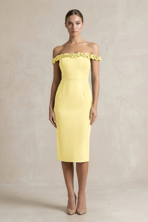 Off - the - Shoulder Sheath Ruffled Midi Bridesmaid Dress in Buttercup - KissProm Bridesmaid Dresses