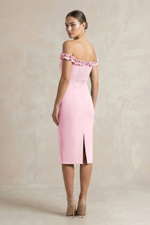 Off - the - Shoulder Sheath Ruffled Midi Bridesmaid Dress in Candy Pink - KissProm Bridesmaid Dresses