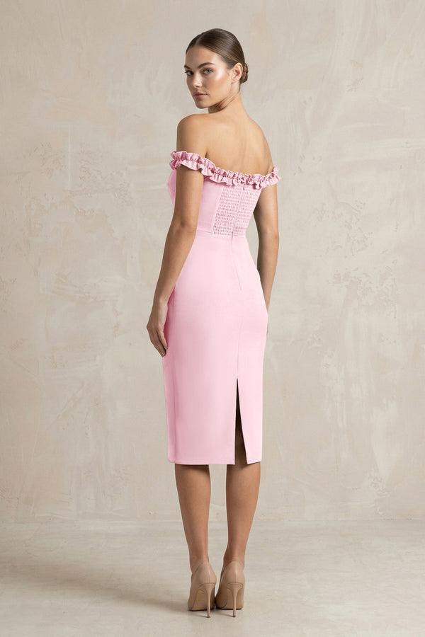 Off - the - Shoulder Sheath Ruffled Midi Bridesmaid Dress in Candy Pink - KissProm Bridesmaid Dresses