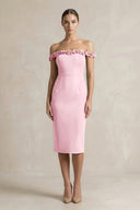 Off - the - Shoulder Sheath Ruffled Midi Bridesmaid Dress in Candy Pink - KissProm Bridesmaid Dresses
