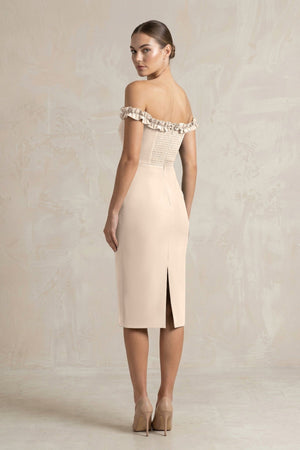 Off - the - Shoulder Sheath Ruffled Midi Bridesmaid Dress in Champagne - KissProm Bridesmaid Dresses