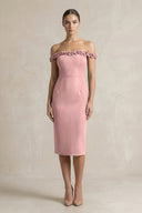 Off - the - Shoulder Sheath Ruffled Midi Bridesmaid Dress in Champagne Rose - KissProm Bridesmaid Dresses