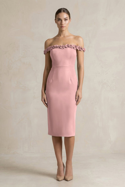 KissProm | Off-the-Shoulder Sheath Ruffled Midi Satin Bridesmaid Dress in Champagne  Rose