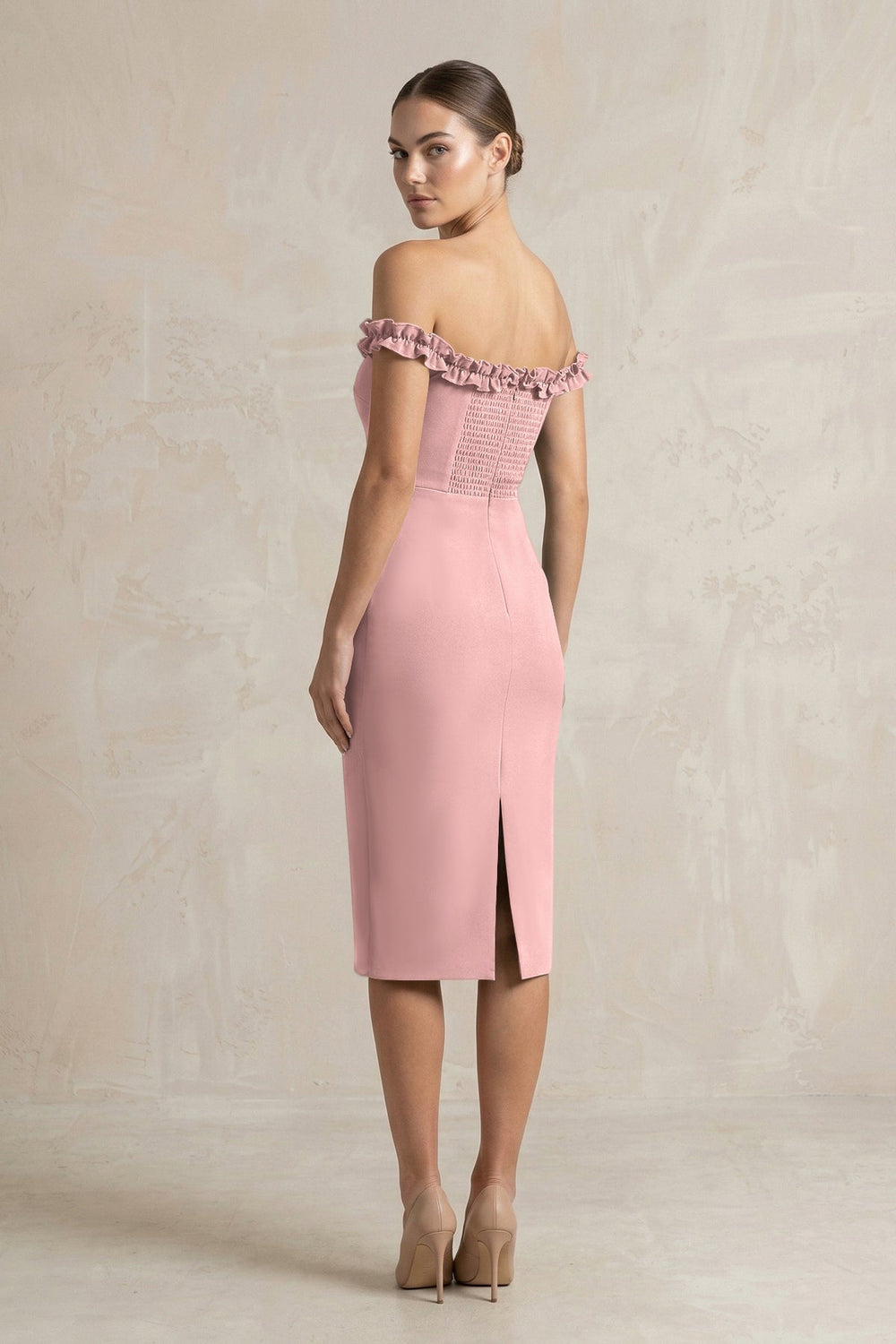 Off - the - Shoulder Sheath Ruffled Midi Bridesmaid Dress in Champagne Rose - KissProm Bridesmaid Dresses