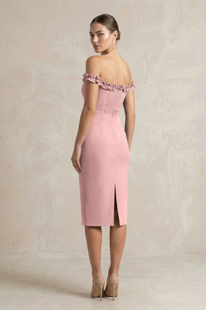Off - the - Shoulder Sheath Ruffled Midi Bridesmaid Dress in Champagne Rose - KissProm Bridesmaid Dresses