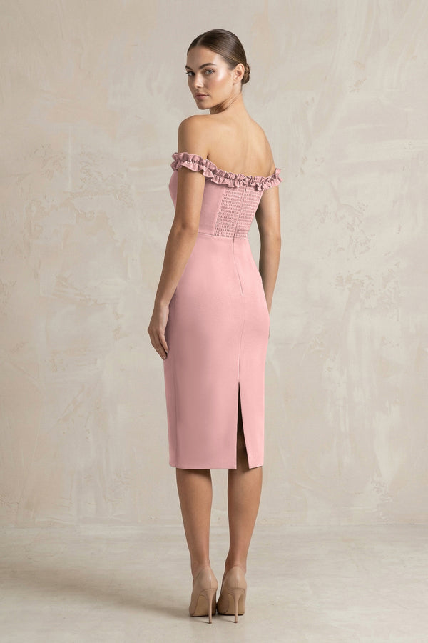 Off - the - Shoulder Sheath Ruffled Midi Bridesmaid Dress in Champagne Rose - KissProm Bridesmaid Dresses