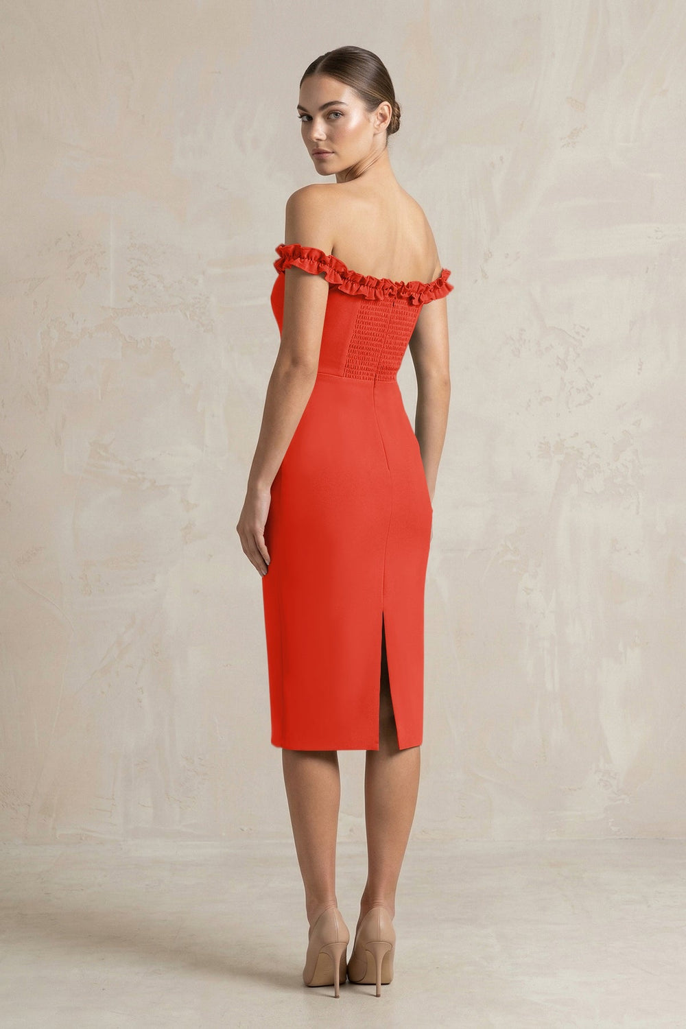 Off - the - Shoulder Sheath Ruffled Midi Bridesmaid Dress in Cinnamon - KissProm Bridesmaid Dresses