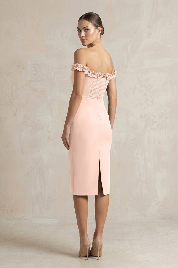 Off - the - Shoulder Sheath Ruffled Midi Bridesmaid Dress in Coral Pink - KissProm Bridesmaid Dresses