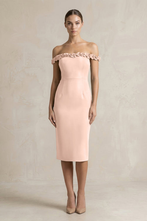 KissProm | Off-the-Shoulder Sheath Ruffled Midi Satin Bridesmaid Dress in Coral Pink KissProm | Off-the-Shoulder Sheath Ruffled Midi Satin Bridesmaid Dress in Coral Pink
