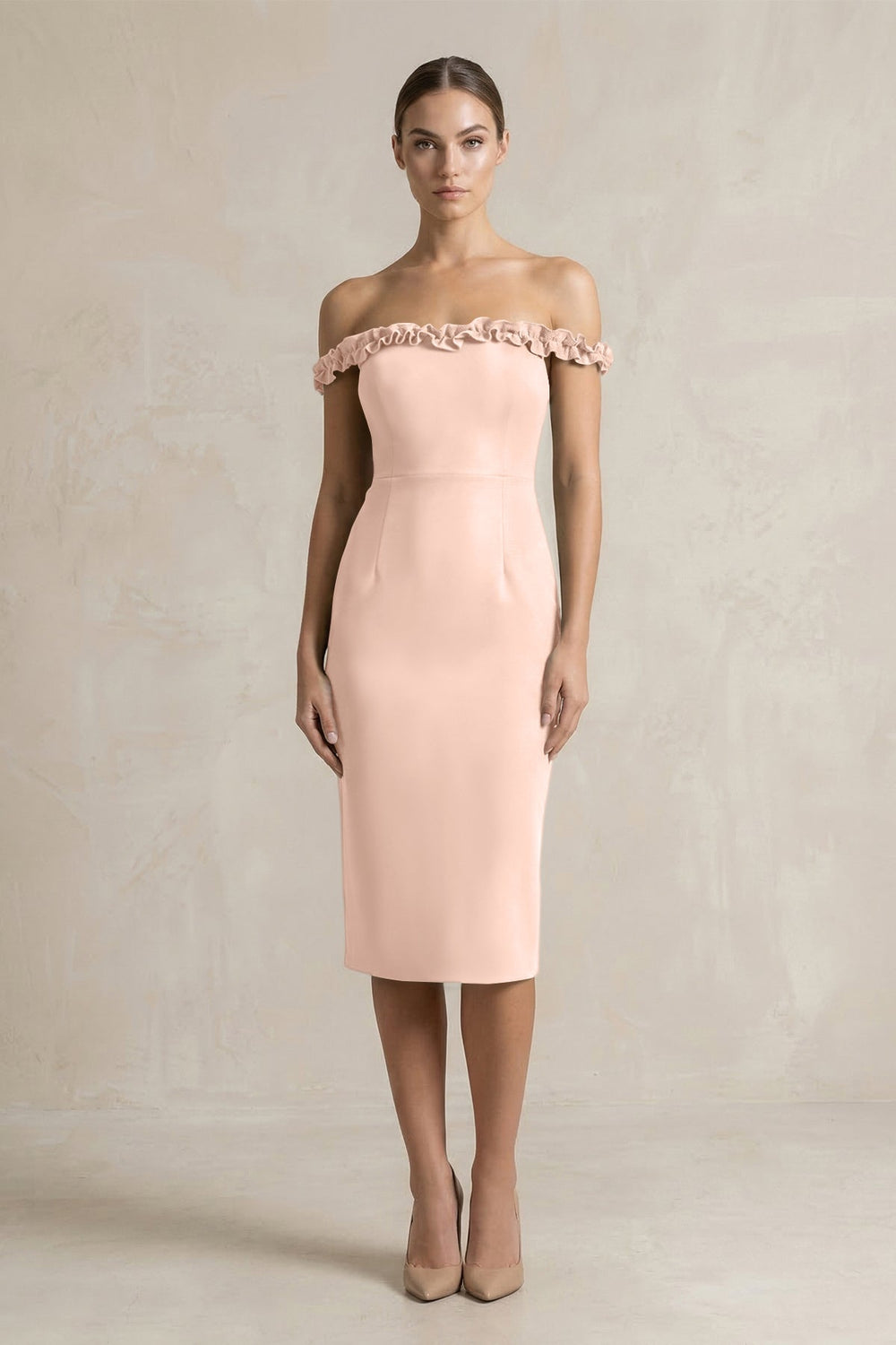 Off - the - Shoulder Sheath Ruffled Midi Bridesmaid Dress in Coral Pink - KissProm Bridesmaid Dresses