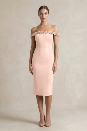 Off - the - Shoulder Sheath Ruffled Midi Bridesmaid Dress in Coral Pink - KissProm Bridesmaid Dresses