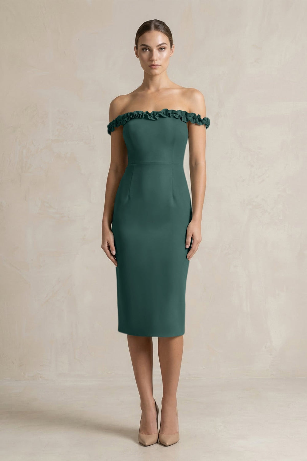Off - the - Shoulder Sheath Ruffled Midi Bridesmaid Dress in Dark Green - KissProm Bridesmaid Dresses