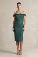 Off - the - Shoulder Sheath Ruffled Midi Bridesmaid Dress in Dark Green - KissProm Bridesmaid Dresses
