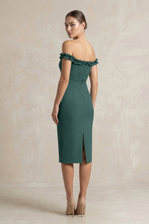 Off - the - Shoulder Sheath Ruffled Midi Bridesmaid Dress in Dark Green - KissProm Bridesmaid Dresses
