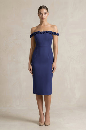 Off - the - Shoulder Sheath Ruffled Midi Bridesmaid Dress in Dark Navy - KissProm Bridesmaid Dresses