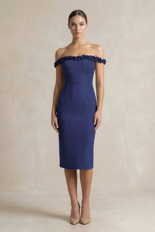 Off-the-Shoulder Sheath Ruffled Midi Bridesmaid Dress in Dark Navy