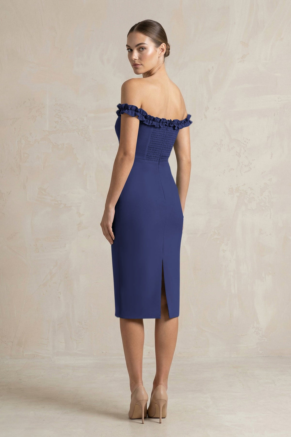 Off - the - Shoulder Sheath Ruffled Midi Bridesmaid Dress in Dark Navy - KissProm Bridesmaid Dresses