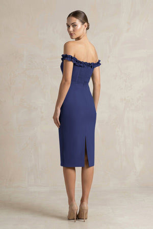 Off - the - Shoulder Sheath Ruffled Midi Bridesmaid Dress in Dark Navy - KissProm Bridesmaid Dresses