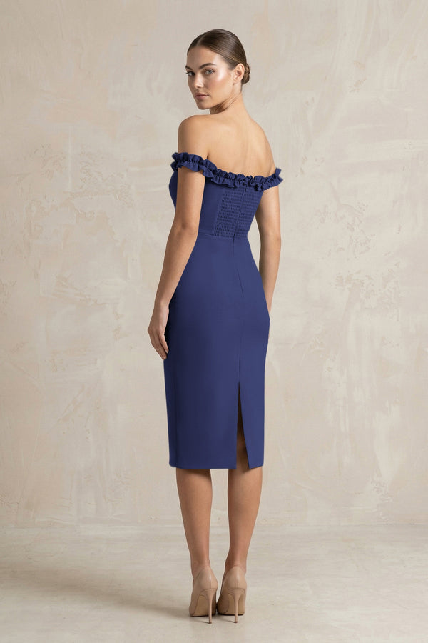 Off - the - Shoulder Sheath Ruffled Midi Bridesmaid Dress in Dark Navy - KissProm Bridesmaid Dresses