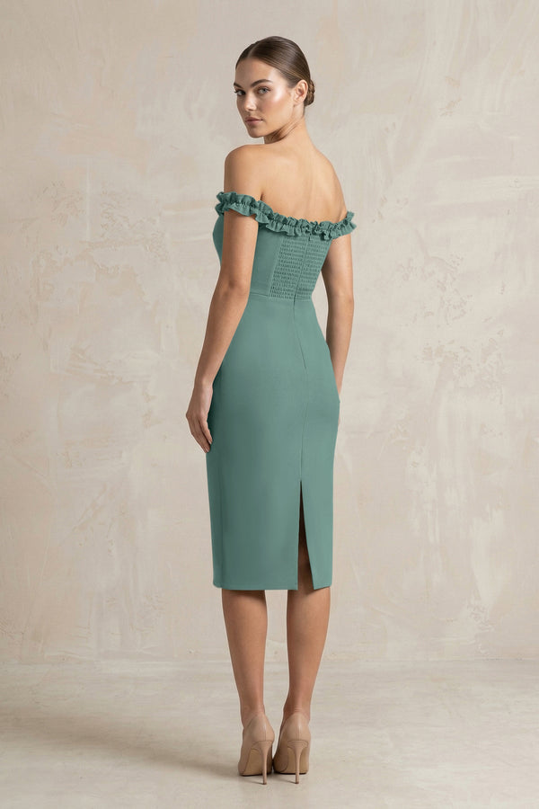 KissProm | Off-the-Shoulder Sheath Ruffled Midi Satin Bridesmaid Dress in  Dark Teal