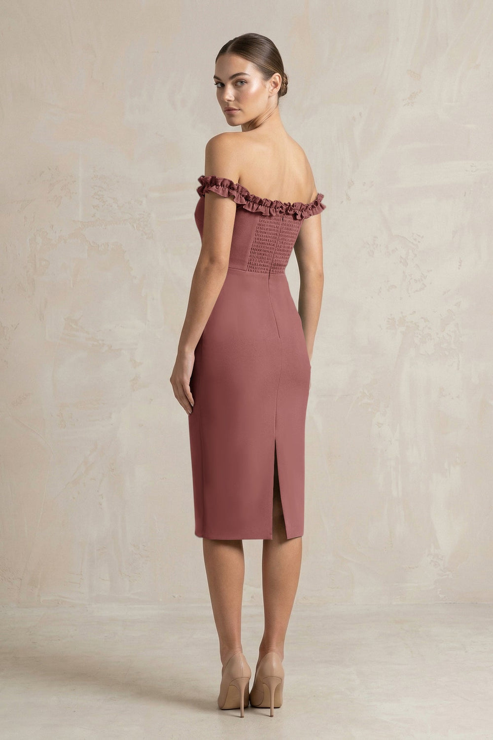 Off - the - Shoulder Sheath Ruffled Midi Bridesmaid Dress in Desert Rose - KissProm Bridesmaid Dresses