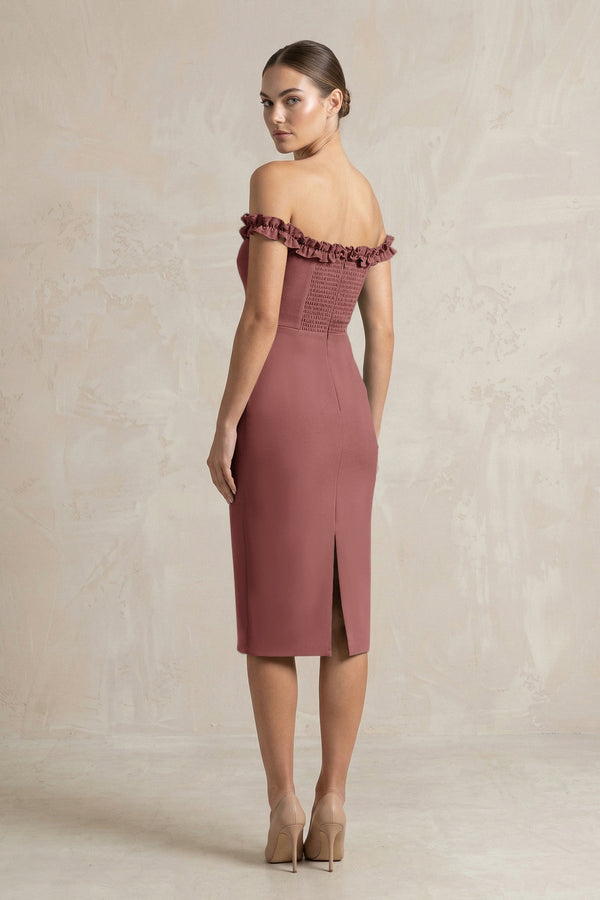 Off - the - Shoulder Sheath Ruffled Midi Bridesmaid Dress in Desert Rose - KissProm Bridesmaid Dresses