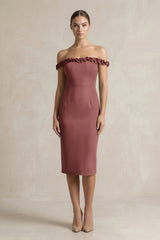 Off - the - Shoulder Sheath Ruffled Midi Bridesmaid Dress in Desert Rose - KissProm Bridesmaid Dresses