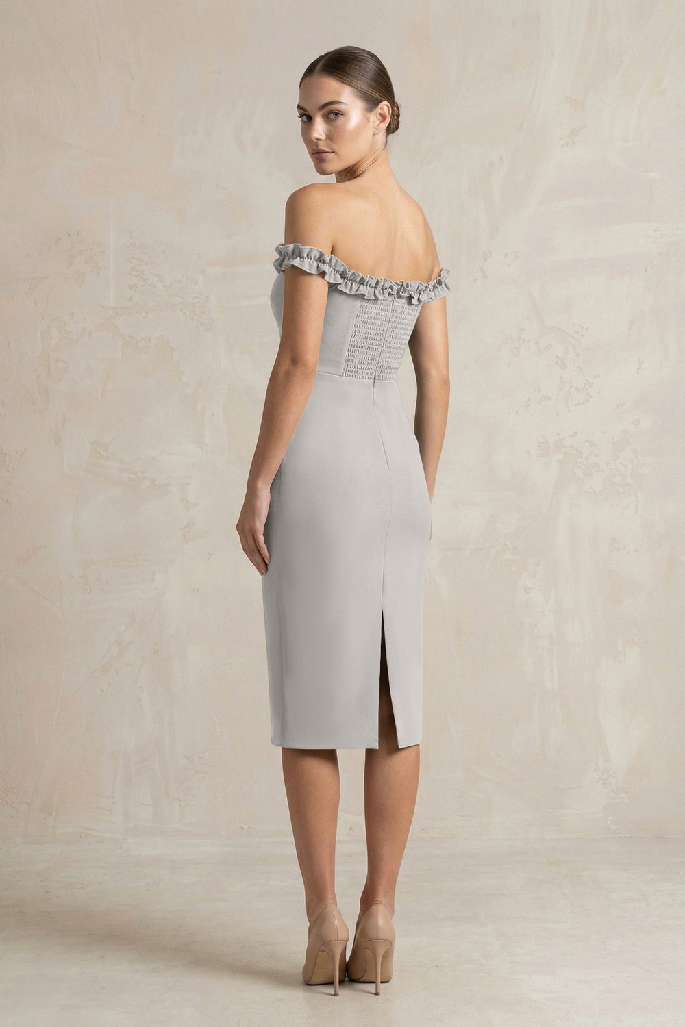 Off - the - Shoulder Sheath Ruffled Midi Bridesmaid Dress in Dove Gray - KissProm Bridesmaid Dresses
