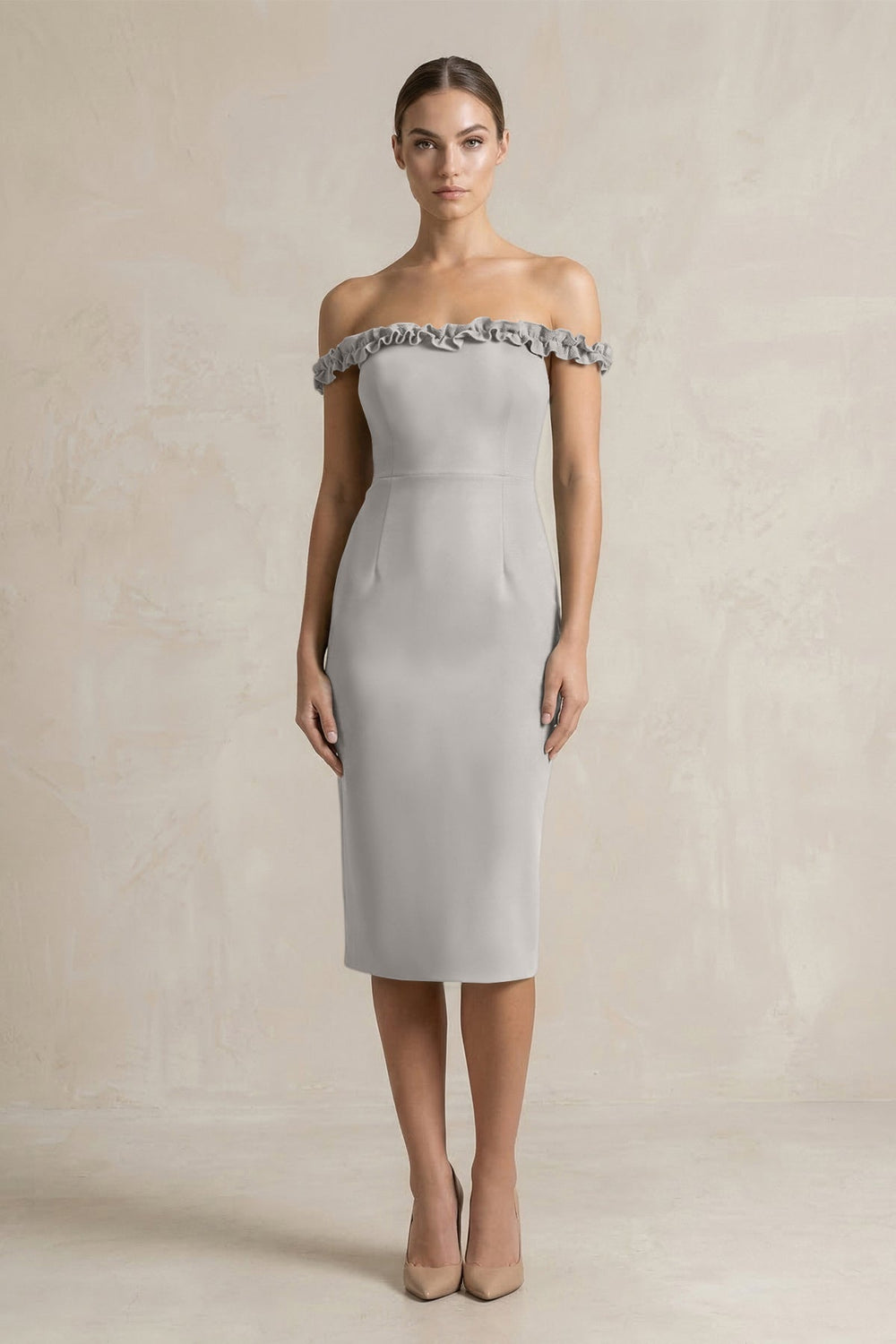 Off - the - Shoulder Sheath Ruffled Midi Bridesmaid Dress in Dove Gray - KissProm Bridesmaid Dresses