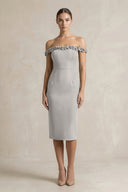 Off - the - Shoulder Sheath Ruffled Midi Bridesmaid Dress in Dove Gray - KissProm Bridesmaid Dresses