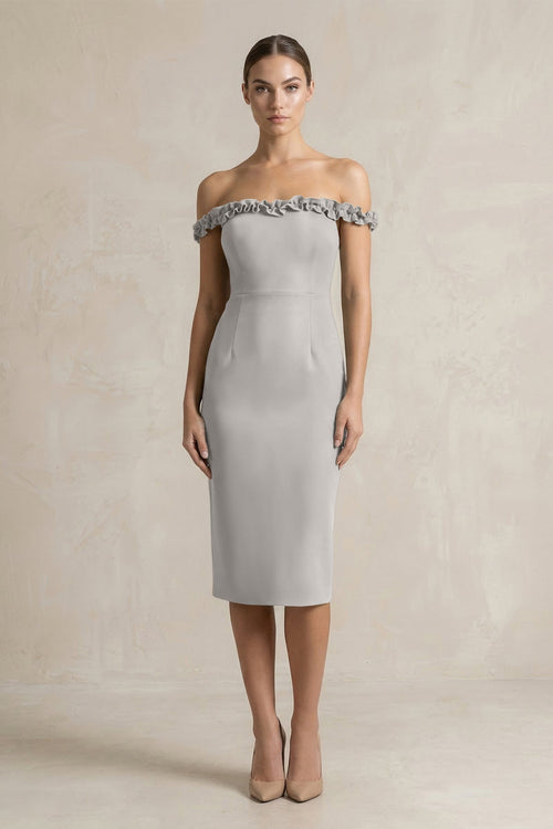 Off - the - Shoulder Sheath Ruffled Midi Bridesmaid Dress in Dove Gray - KissProm Bridesmaid Dresses