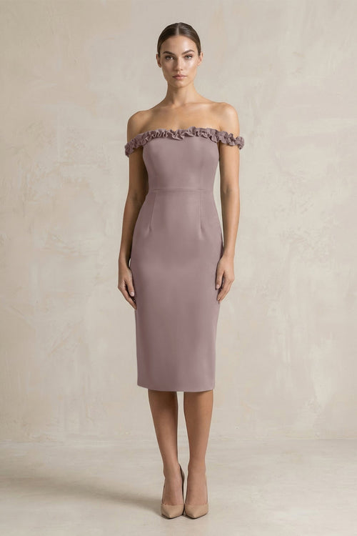 KissProm | Off-the-Shoulder Sheath Ruffled Midi Satin Bridesmaid Dress in Dusk KissProm | Off-the-Shoulder Sheath Ruffled Midi Satin Bridesmaid Dress in Dusk