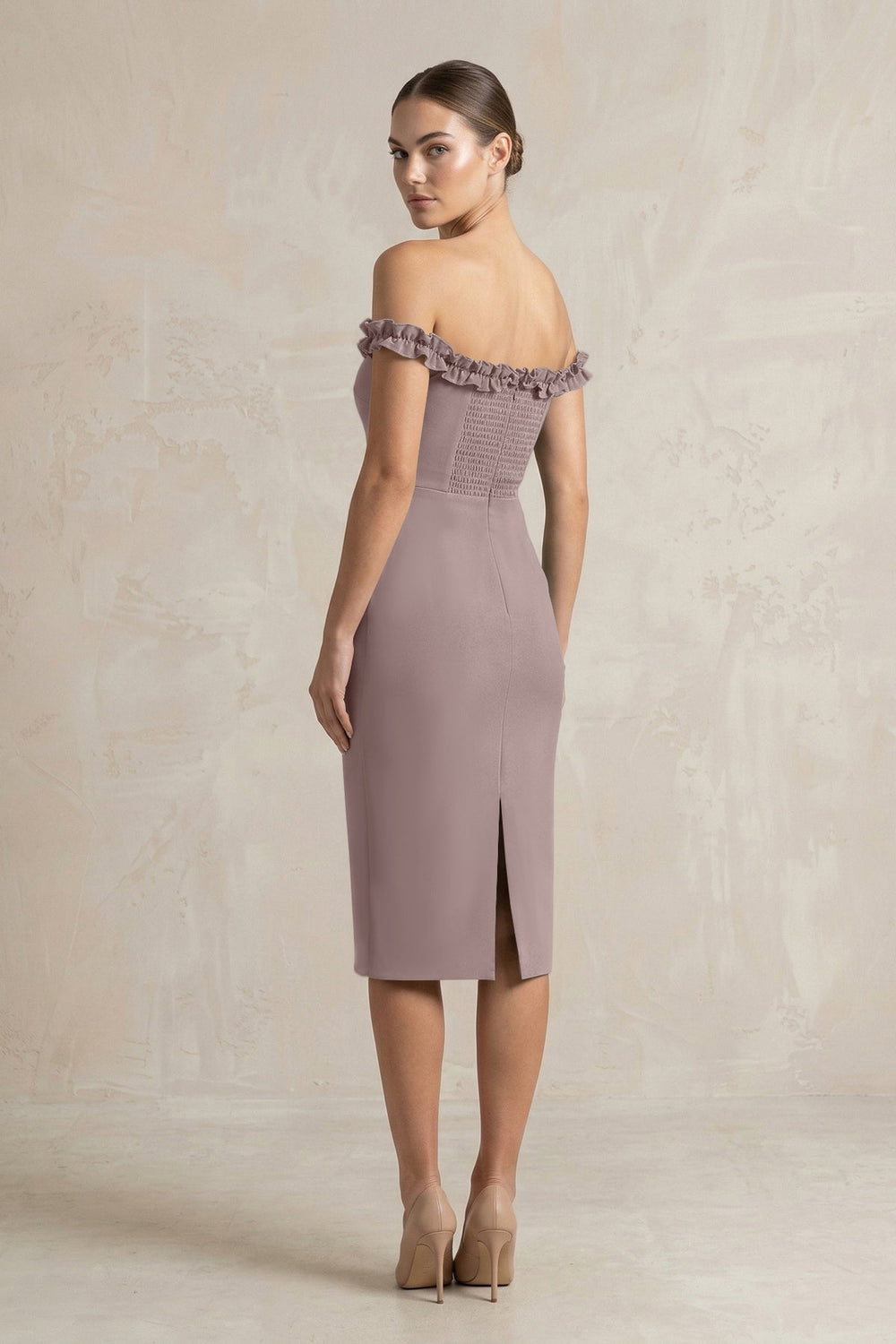 Off - the - Shoulder Sheath Ruffled Midi Bridesmaid Dress in Dusk - KissProm Bridesmaid Dresses