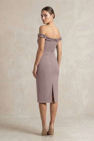 Off - the - Shoulder Sheath Ruffled Midi Bridesmaid Dress in Dusk - KissProm Bridesmaid Dresses