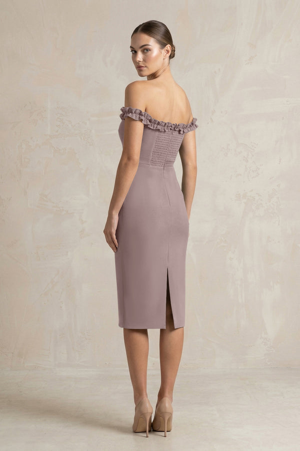 Off - the - Shoulder Sheath Ruffled Midi Bridesmaid Dress in Dusk - KissProm Bridesmaid Dresses