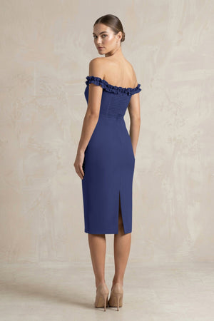 Off - the - Shoulder Sheath Ruffled Midi Bridesmaid Dress in Dusk Blue - KissProm Bridesmaid Dresses