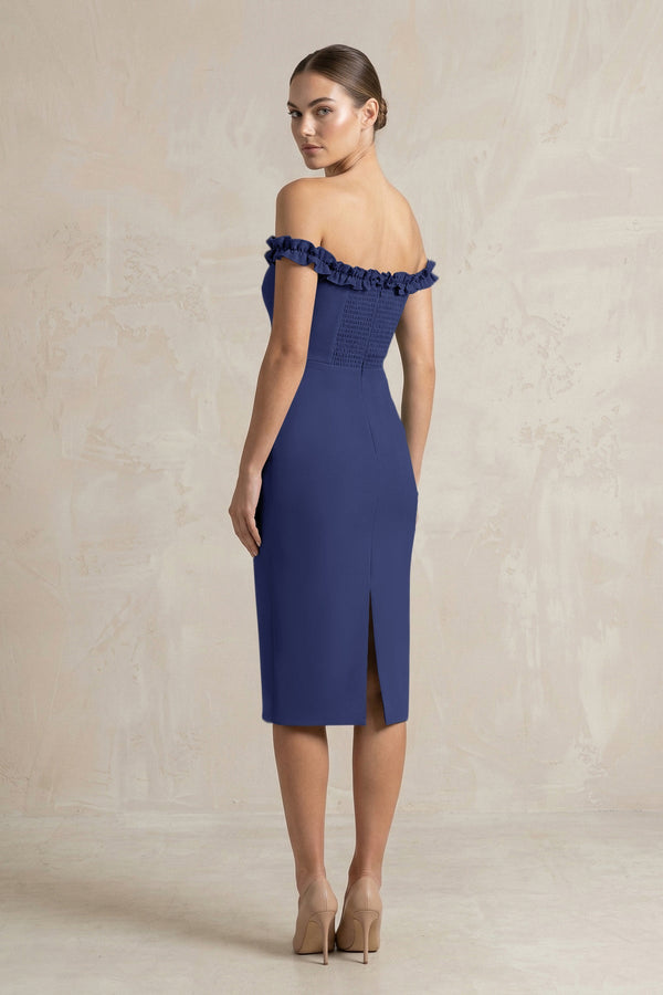 Off - the - Shoulder Sheath Ruffled Midi Bridesmaid Dress in Dusk Blue - KissProm Bridesmaid Dresses