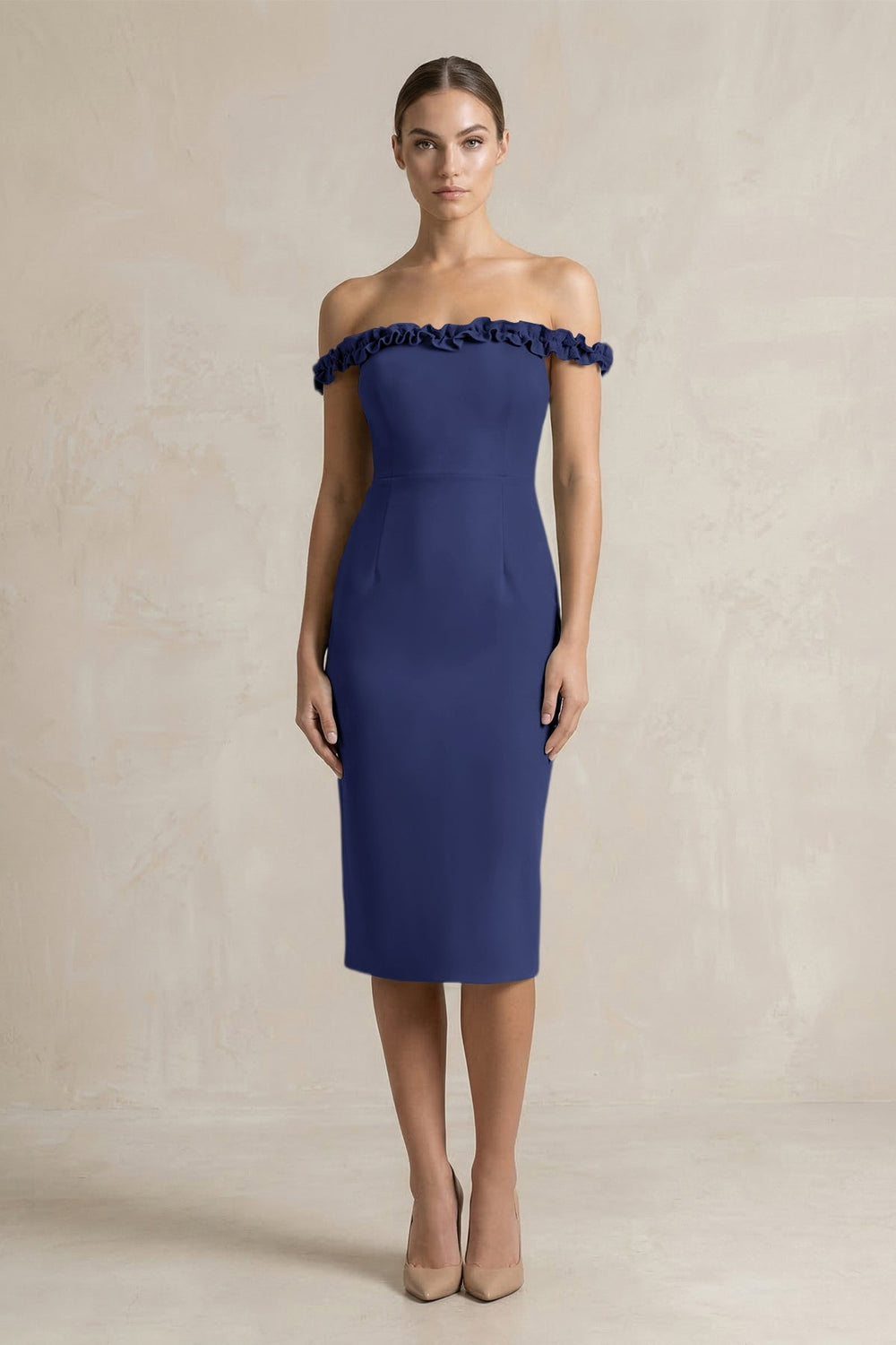 Off - the - Shoulder Sheath Ruffled Midi Bridesmaid Dress in Dusk Blue - KissProm Bridesmaid Dresses