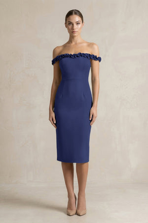 Off - the - Shoulder Sheath Ruffled Midi Bridesmaid Dress in Dusk Blue - KissProm Bridesmaid Dresses