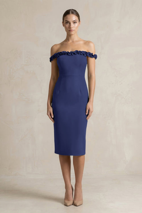 KissProm | Off-the-Shoulder Sheath Ruffled Midi Satin Bridesmaid Dress in  Dusk Blue