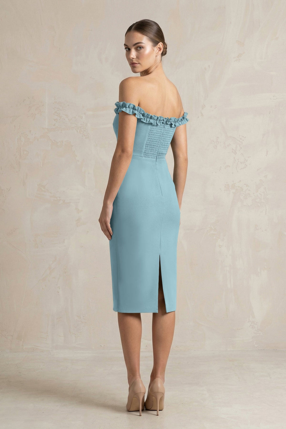 Off - the - Shoulder Sheath Ruffled Midi Bridesmaid Dress in Dusty Blue - KissProm Bridesmaid Dresses