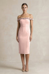 Off - the - Shoulder Sheath Ruffled Midi Bridesmaid Dress in Dusty Rose - KissProm Bridesmaid Dresses