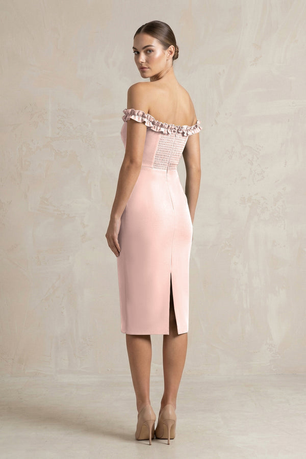 Off - the - Shoulder Sheath Ruffled Midi Bridesmaid Dress in Dusty Rose - KissProm Bridesmaid Dresses