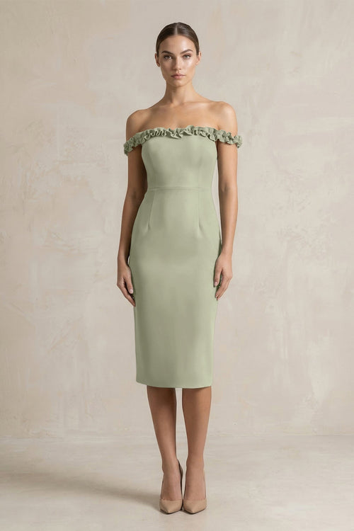 KissProm | Off-the-Shoulder Sheath Ruffled Midi Satin Bridesmaid Dress in Dusty Sage KissProm | Off-the-Shoulder Sheath Ruffled Midi Satin Bridesmaid Dress in Dusty Sage