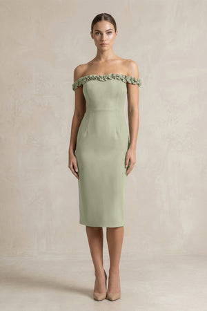 Off - the - Shoulder Sheath Ruffled Midi Bridesmaid Dress in Dusty Sage - KissProm Bridesmaid Dresses