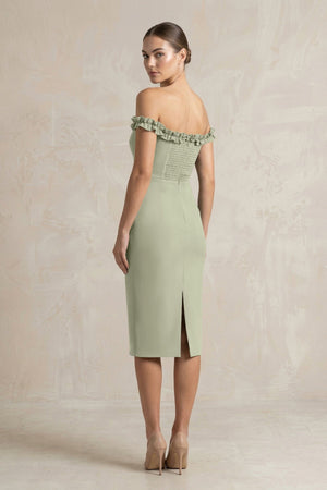Off - the - Shoulder Sheath Ruffled Midi Bridesmaid Dress in Dusty Sage - KissProm Bridesmaid Dresses