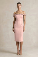 Off - the - Shoulder Sheath Ruffled Midi Bridesmaid Dress in English Rose - KissProm Bridesmaid Dresses