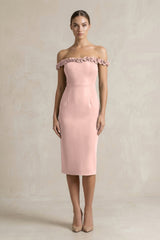 Off - the - Shoulder Sheath Ruffled Midi Bridesmaid Dress in English Rose - KissProm Bridesmaid Dresses