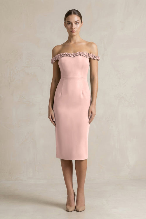 Off - the - Shoulder Sheath Ruffled Midi Bridesmaid Dress in English Rose - KissProm Bridesmaid Dresses